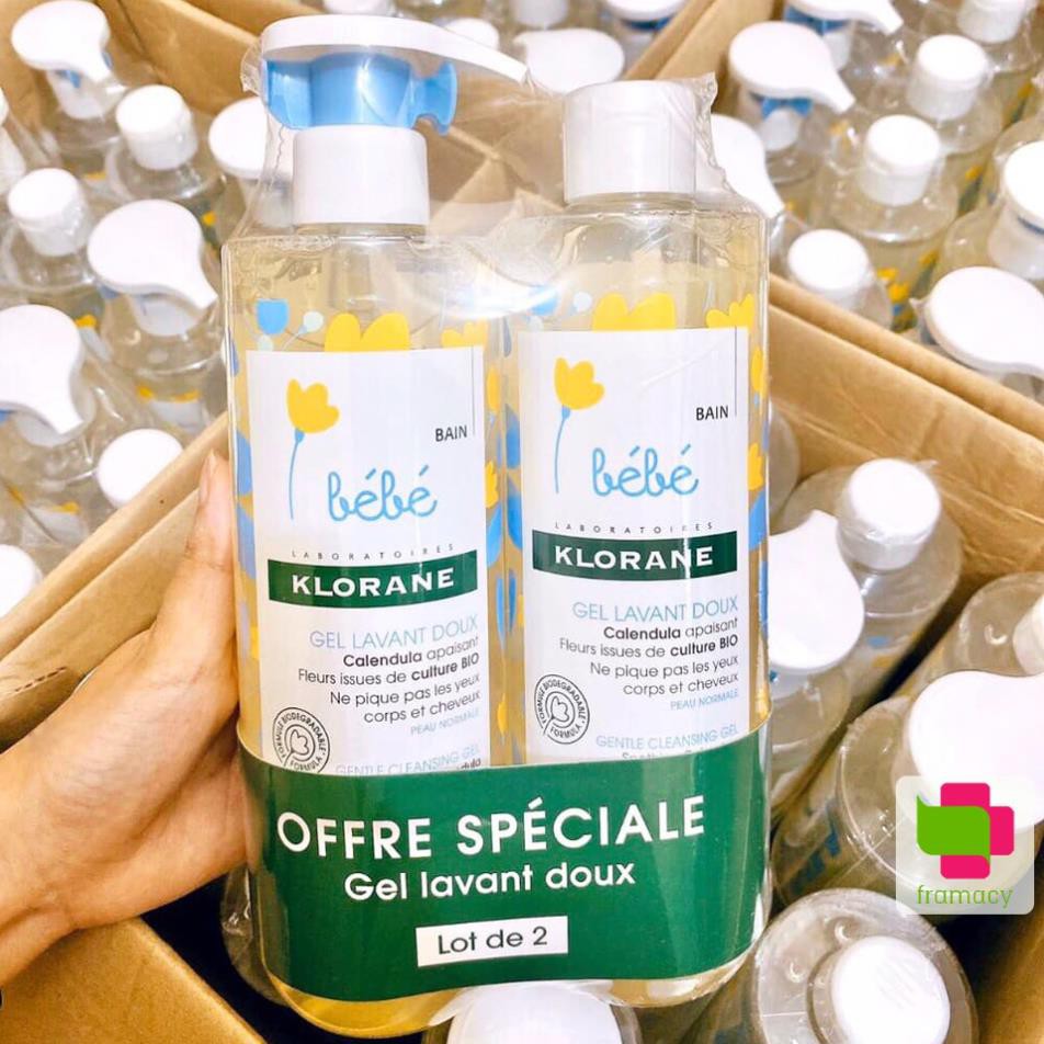 Sữa tắm gội Klorane Bébé, Pháp (2x500ml) 2 trong 1 làm sạch, dưỡng ẩm và kháng khuẩn cho trẻ em