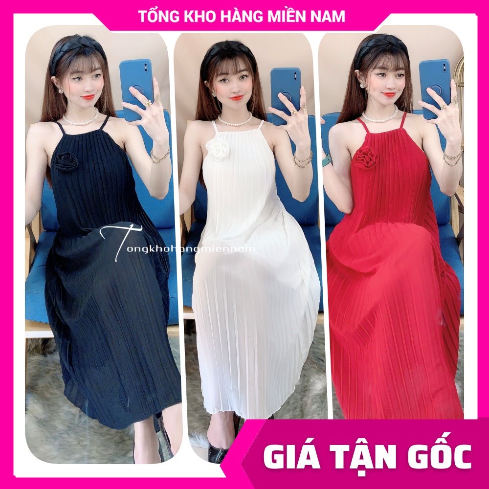 Đầm voan xếp li cổ yếm xoắn ngực dáng suông ( Bầu bí bon chen thoải mái ) đầm bầu TP109