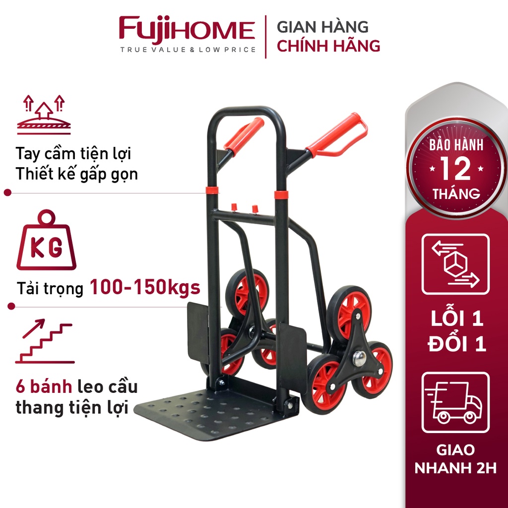 Xe đẩy hàng leo cầu thang 6 bánh Nhập Khẩu Nhật Bản Fujihome 150kg, xe kéo hàng leo cầu thang gấp gọn siêu thị đa năng