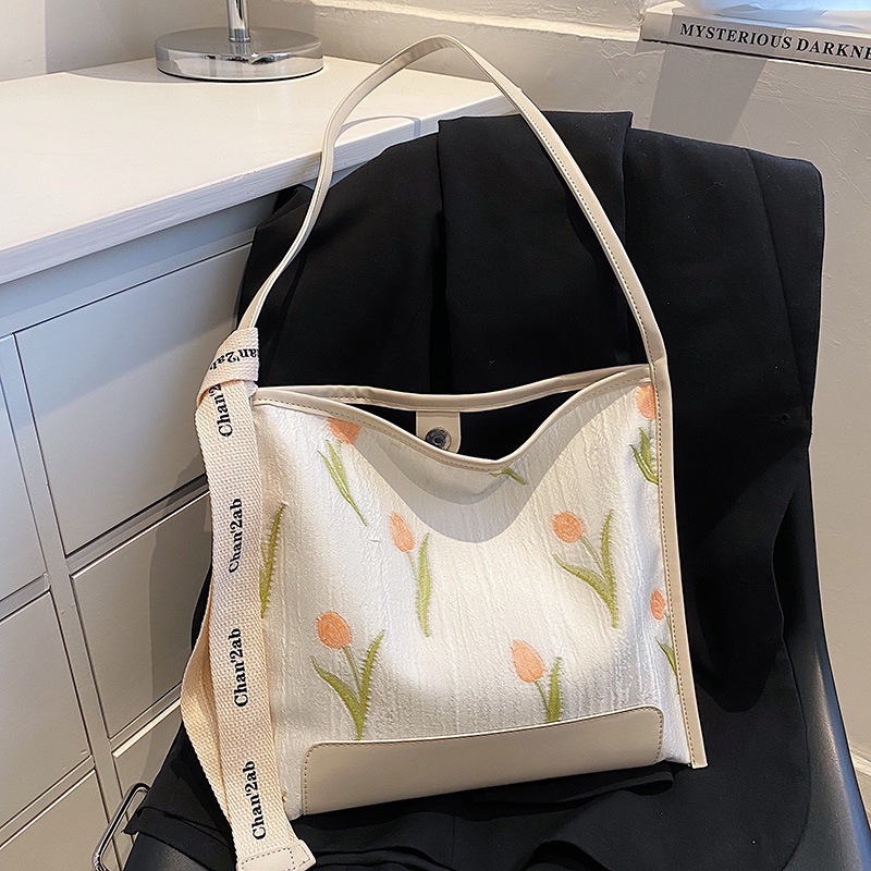 Túi Đeo Vai Vải Canvas Cỡ Lớn 2022 Họa Tiết Hoa Tulip Phong Cách Hàn Quốc Thời Trang Cho Nữ