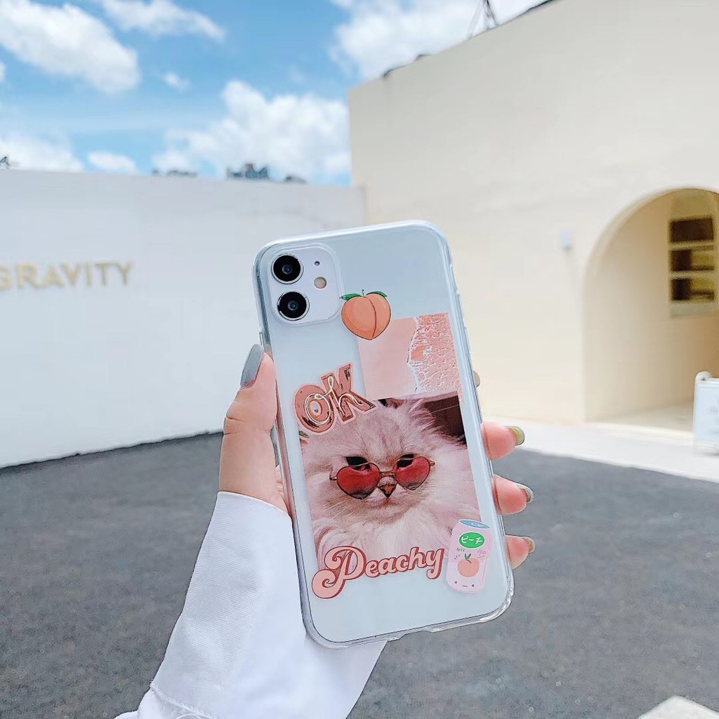Ốp điện thoại TPU trong suốt họa tiết chú mèo & trái đào dễ thương cho iPhone 7Plus 8+ X XR XS max 11 11Promax SE2020 | BigBuy360 - bigbuy360.vn