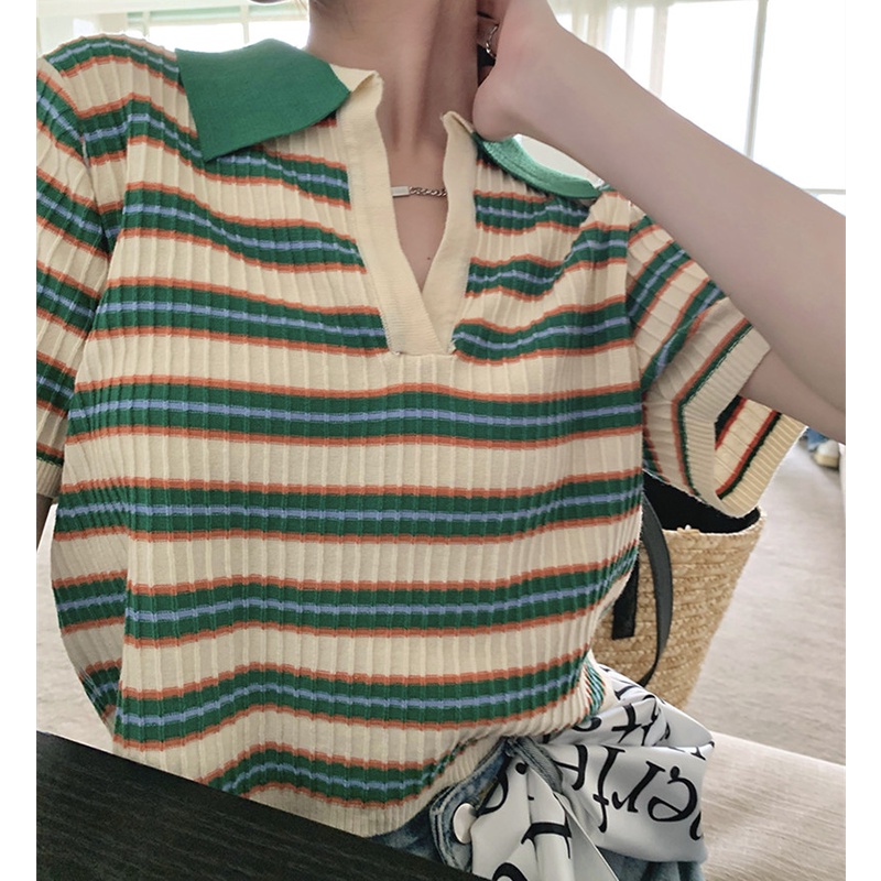 Áo polo Dệt Kim Mỏng Họa Tiết Kẻ Sọc Thời Trang Mùa Hè Cho Nữ