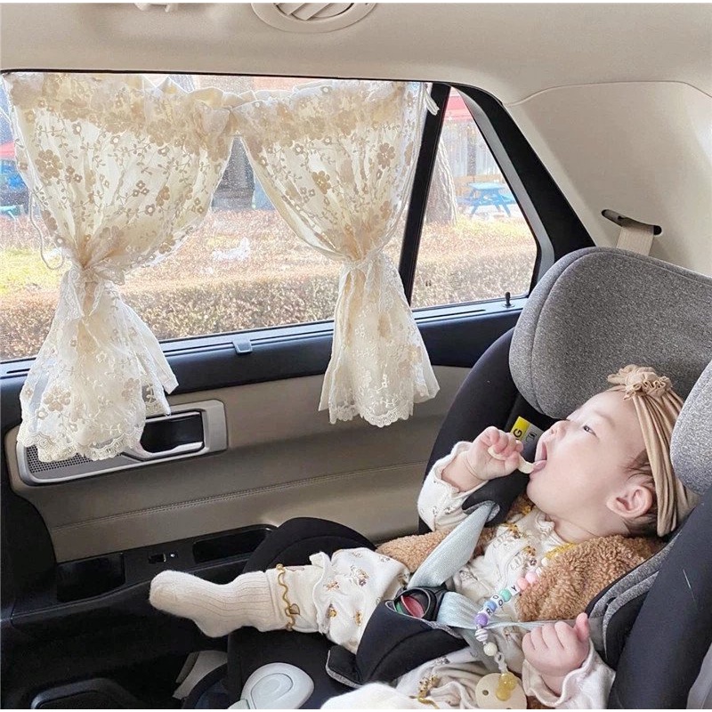 Rèm che nắng ôn tô MỊN KIDS, phong cách Hàn Quốc, rèm phối ren hình hoa cúc chất đẹp