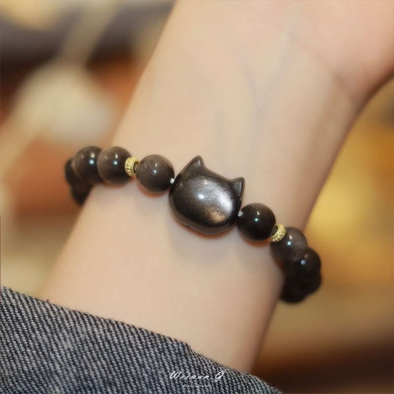 [Hàng Mới] Vòng Đeo Tay Chuỗi Hạt Đá Obsidian Hình Đầu Mèo Độc Đáo