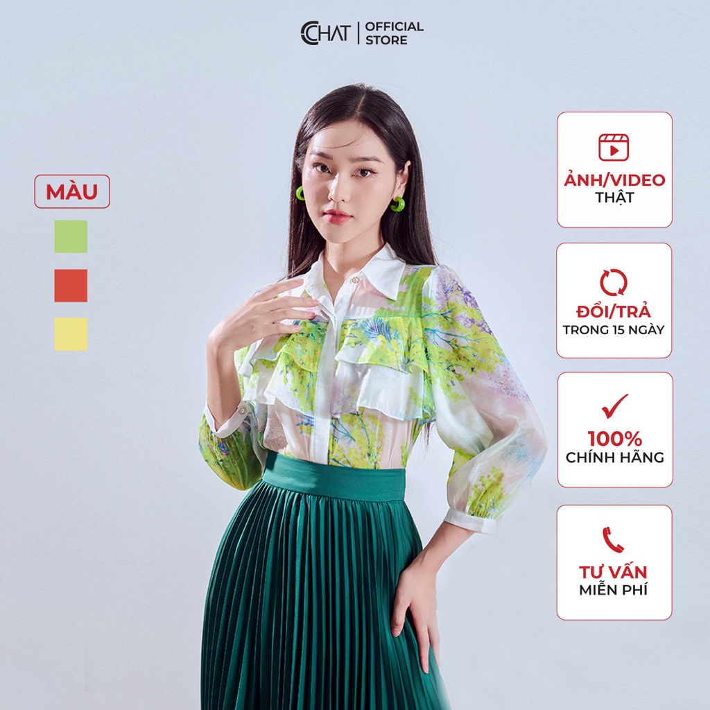 Áo Sơ Mi Nữ 𝐂𝐂𝐇𝐀𝐓 Bèo Thân Trước Phối Trơn Chất Voan Cao Cấp Phong Cách Trẻ Trung 12FDV5030ST