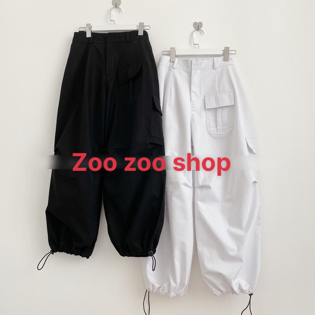 FREESHIP ĐƠN HÀNG TỪ 99K Quần Jogger Chất Kaki Ống Rộng Túi Hộp Dây Rút Cạp Cao Nữ  Đen Trắng Ullzang