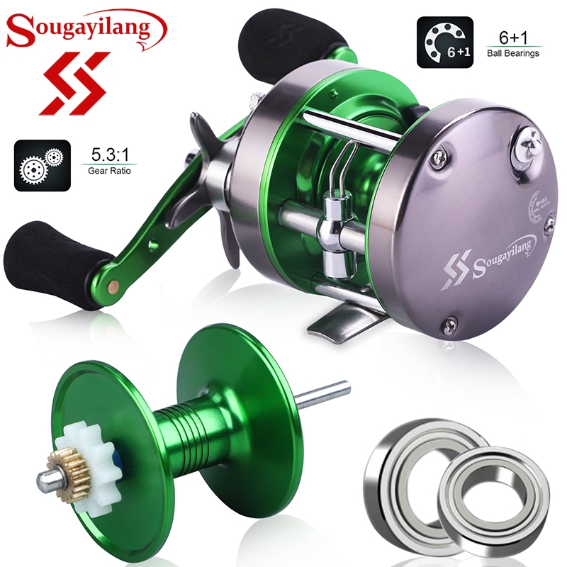 Sougayilang 6+1BB Trolling Fishing Reel Right/Left Hand Round Fishing Reel Coil Saltwater Trolling Carp Reel 5.3:1