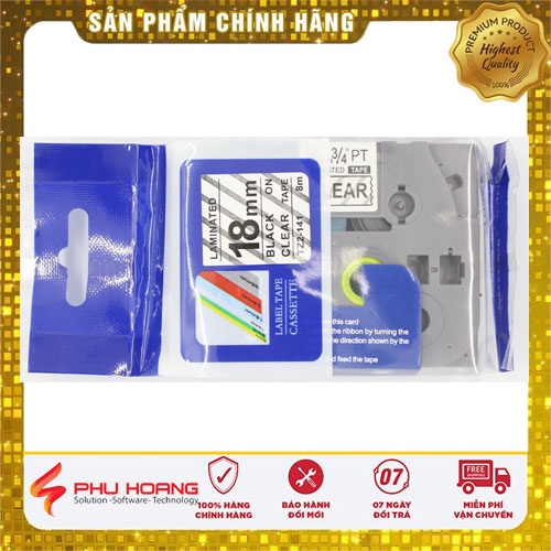Nhãn in TZ2-141, Khổ rộng 18 mm, chữ đen nền trong suốt , nhãn đa lớp.