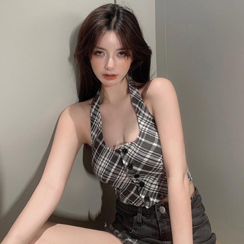 Áo croptop hai dây họa tiết sọc caro phong cách retro Hàn quốc