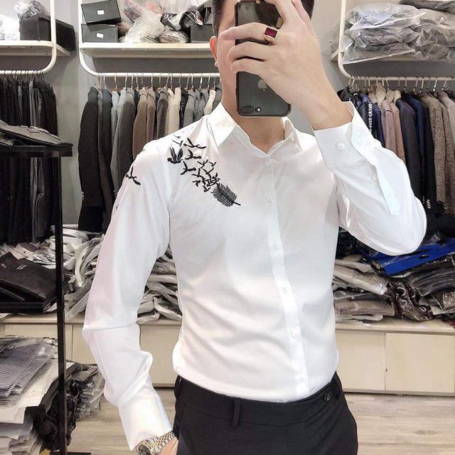 Áo sơ mi nam dài tay thêu chim vai+ ống tay