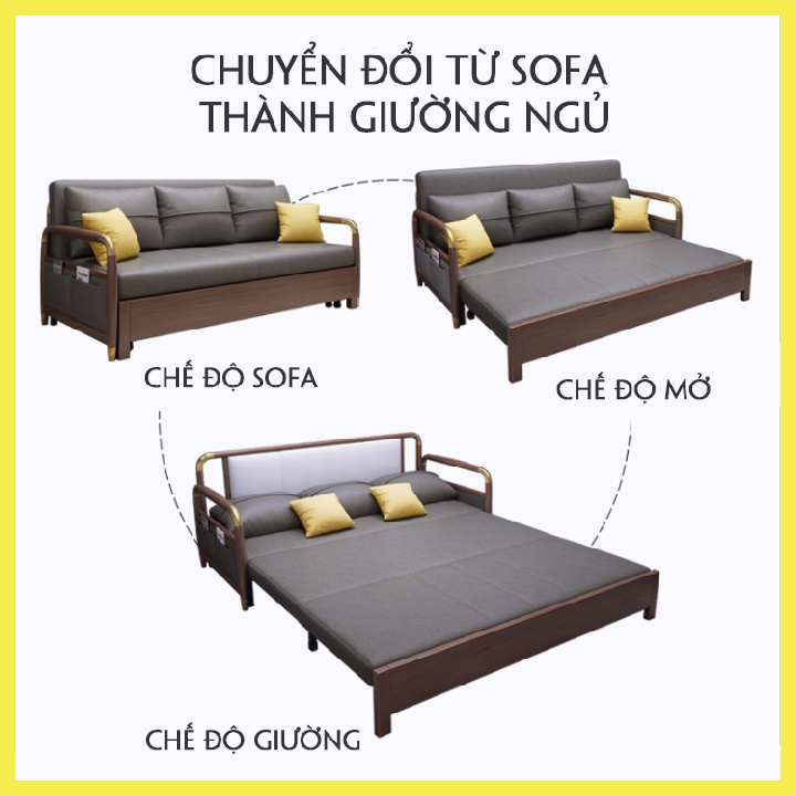 Sofa giường kéo thông minh gấp gọn, giường sofa đa năng khung thép tay gỗ sồi viền kim loại nhập khẩu, KT 1m2(1m5) x 1m9