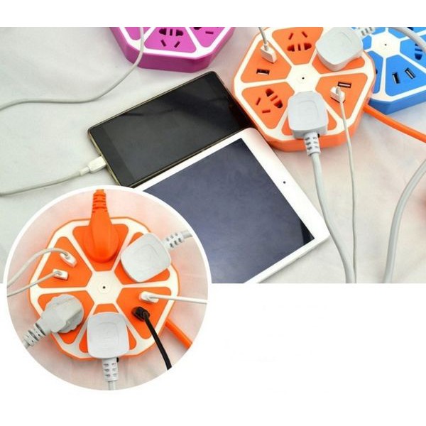 Ổ cắm điện lục giác trái cam đủ màu, tích hơp 2 ổ cắm USB để sạc điện thoại
