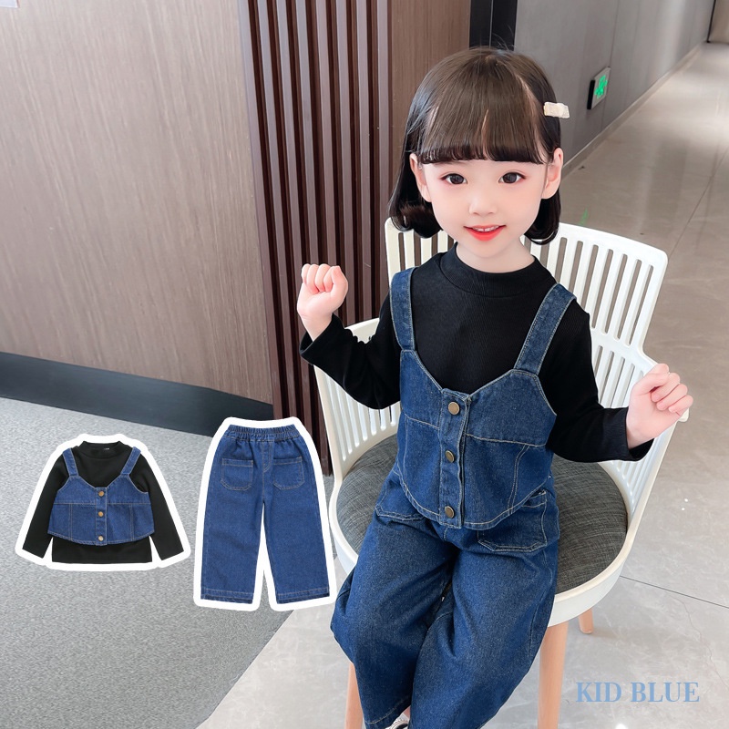 Set Áo Denim Và Quần Yếm Ống Rộng Thời Trang Mùa Thu Cho Bé Gái