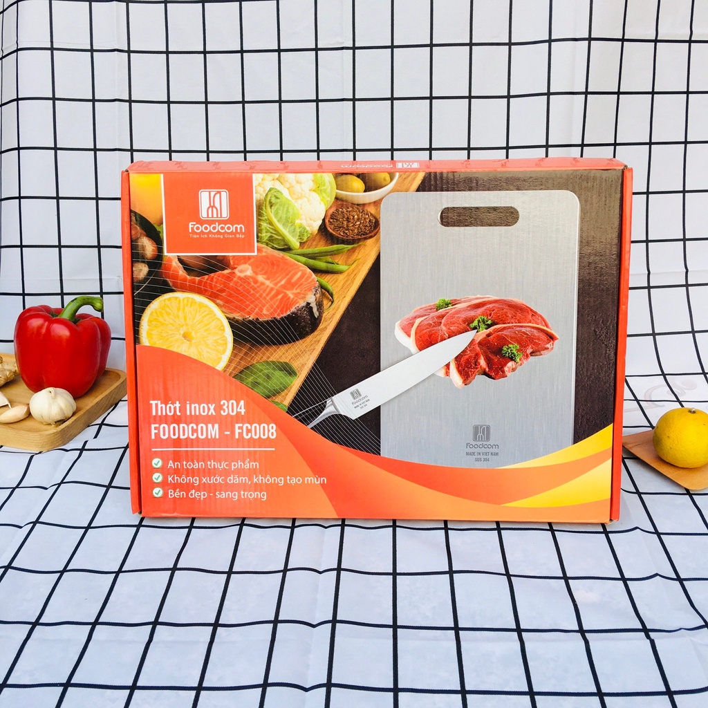 [Chính hãng]Thớt inox 304 kháng khuẩn Foodcom FC008 size 300*230mm, chống ẩm mốc độc hại