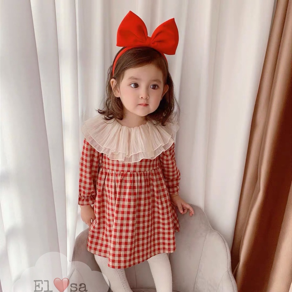 Váy bé gái kẻ caro đỏ dài tay cổ trắng 2 lớp 8-30kg XHN1104