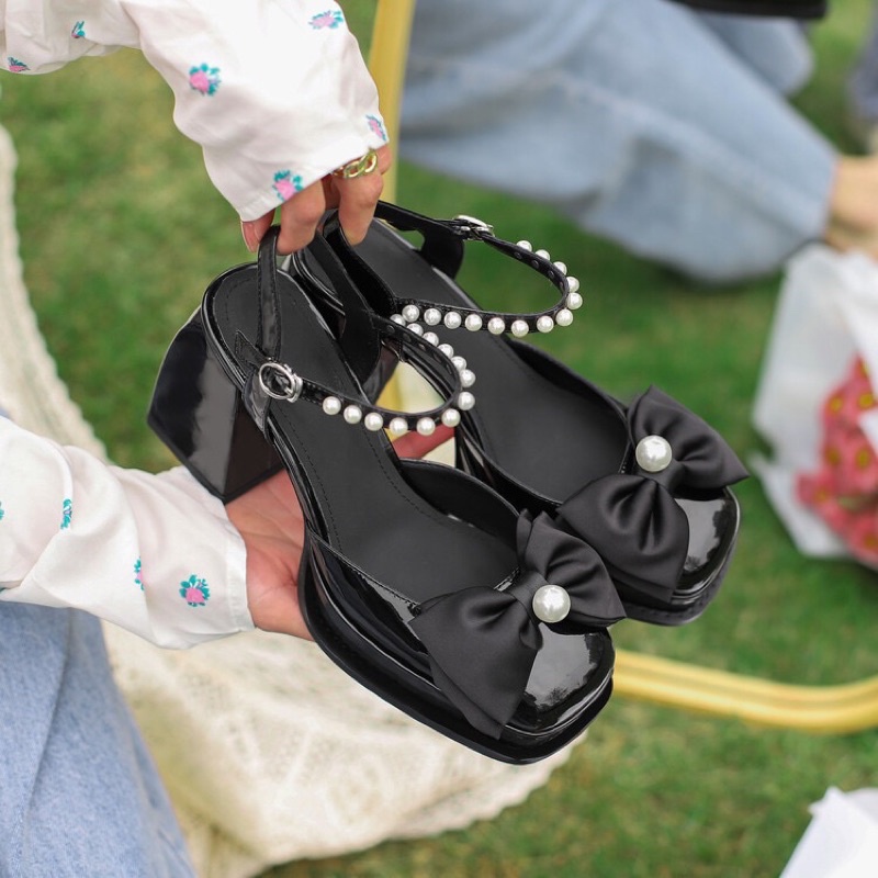 SẴN HÀNG  _ Giày cao gót mũi vuông phối nơ ngọc siêu nữ tính