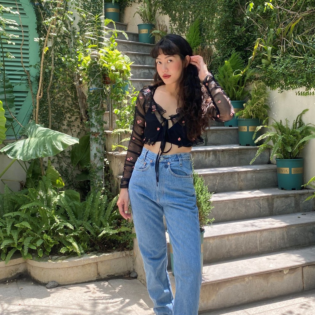 Anniegals - Set áo lưới thêu hoa tay dài - Mabel Croptop Set