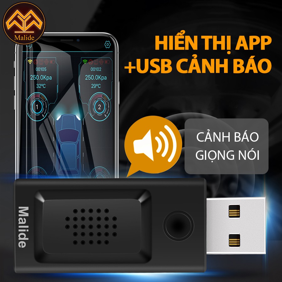 [CHÍNH HÃNG] Cảm biến áp suất lốp van trong Malide cao cấp kết nối APP điện thoại + USB cảnh báo âm thanh - Model B02R06