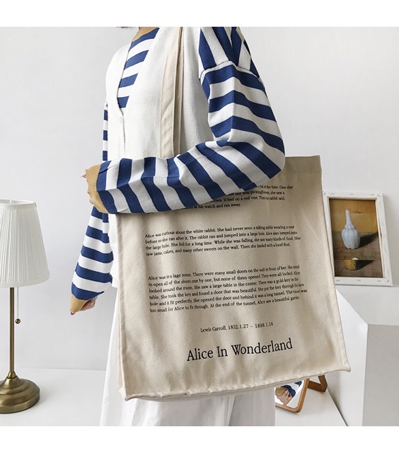 Túi tote túi vải canvas màu be chữ Alice