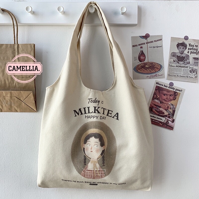 Túi tote vải vintage, túi vải Canvas đeo vai hoạ tiết Trà sữa với phong cách Hàn quốc siêu xinh, túi tote đi học đi chơi