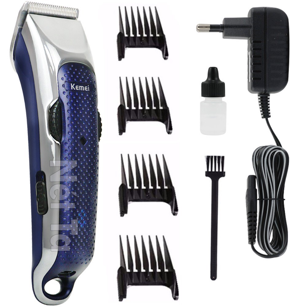 Tông đơ cắt tóc dành cho gia đình và salon kemei KM - 5020 màu xanh phối bạc có thể điều chỉnh lưỡi