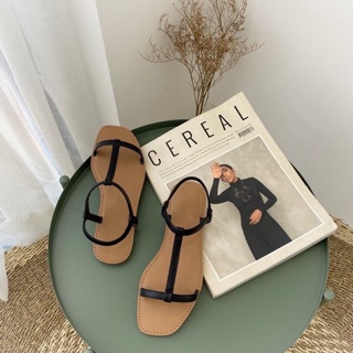 Sandal bệt colee quai chữ T, giày sandal đế bằng da mềm xuất xịn