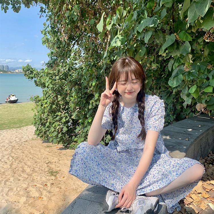 Đầm Maxi Hoa Tay bồng Ngọt ngào Thanh lịch Ngắn tay Mùa Hè Váy Maxi dài Tiểu thư Tay phồng Dễ thương | BigBuy360 - bigbuy360.vn