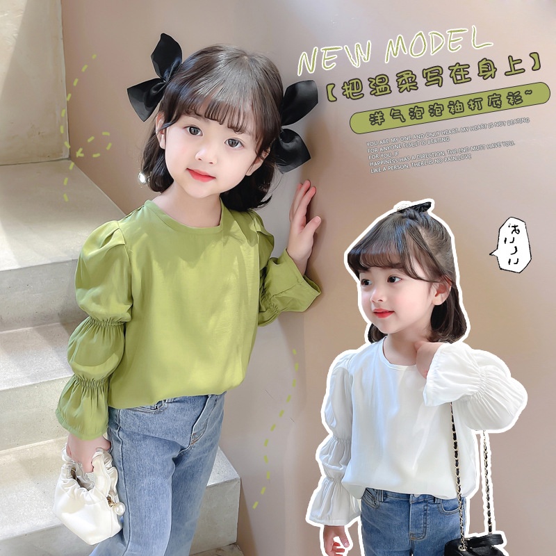 Áo Sơ Mi Chiffon Tay Dài Phồng Cổ Tròn Phong Cách Hàn Quốc Thời Trang Mùa Xuân Cho Bé Gái