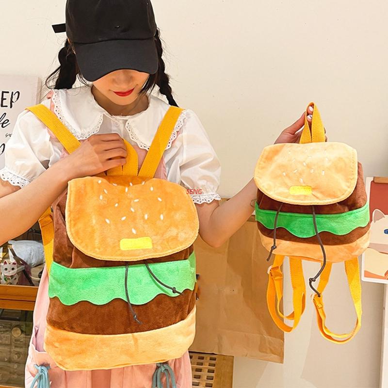 Ba Lô Dây Rút Vải Canvas Sức Chứa Lớn Hình Hamburger Dùng Mua Sắm
