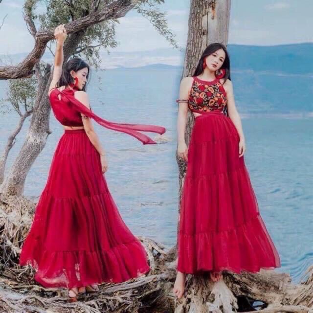 Đầm maxi đỏ cut eo chụp hình sống ảo siêu dễ thương HaKieu Msp048