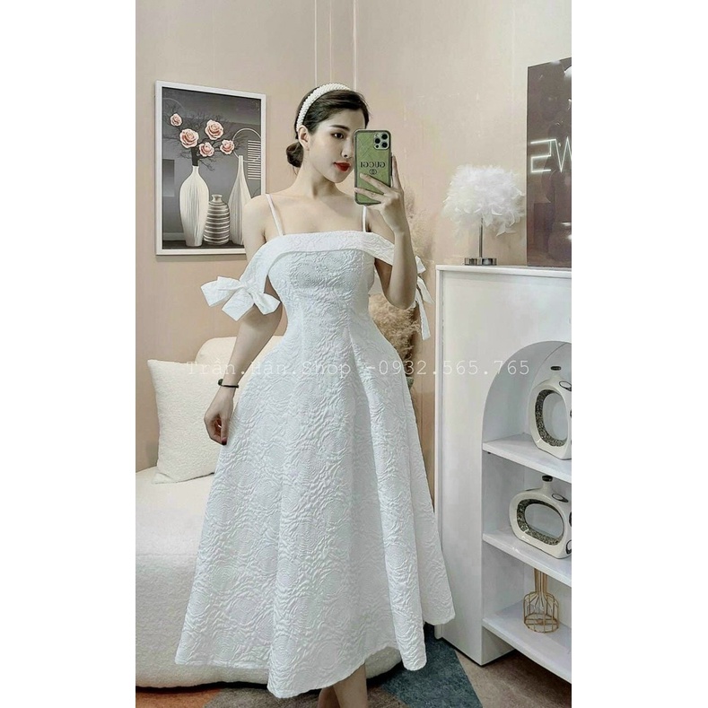Đầm váy nữ dáng xòe họa tiết 3 màu tay nơ trễ vai ( có mút ngực, có lót ) trẻ trung sang trọng thanh lịch siêu xinh