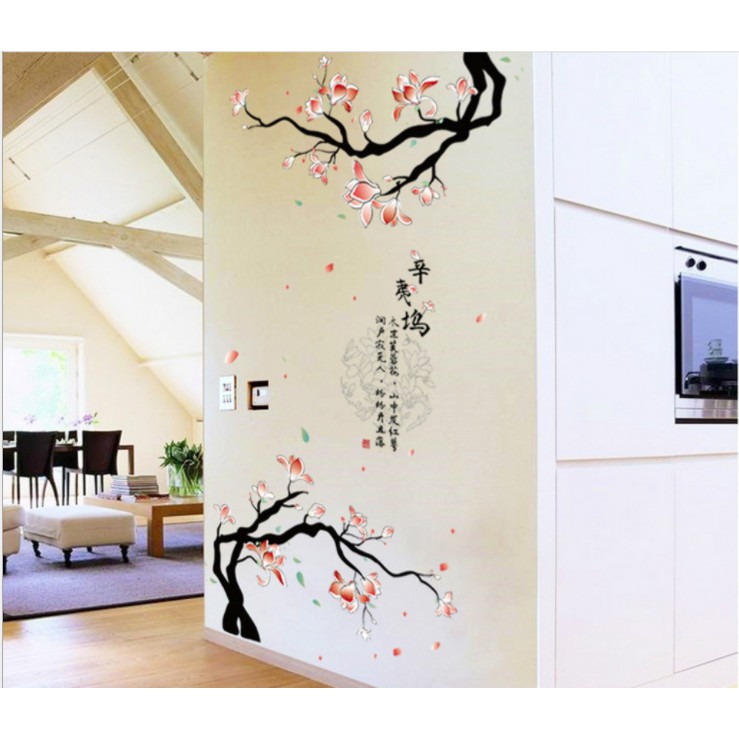 Decal trang trí tường - 2 Cành hoa hồng trắng nhạt hữu tình sắc màu