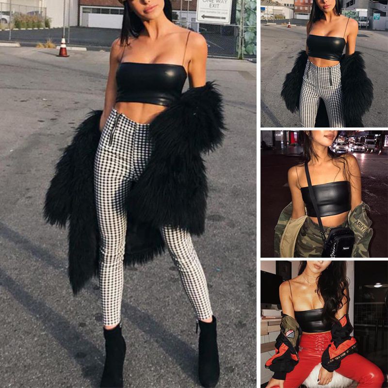 Áo Croptop sát nách chất da PU thiết kế màu trơn thanh lịch quyến rũ | BigBuy360 - bigbuy360.vn