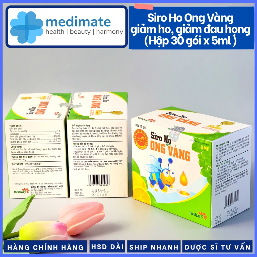 Siro Ho Ong Vàng giảm ho, giảm đau họng (hộp 30 gói, mỗi gói 5ml)