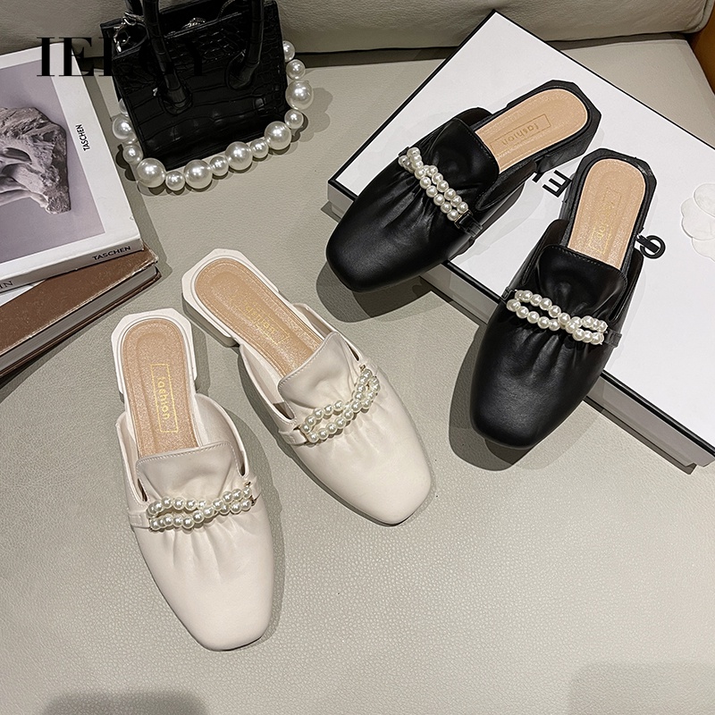 IELGY Dép bít mũi một chiều đính ngọc trai giả phong cách Hàn Quốc