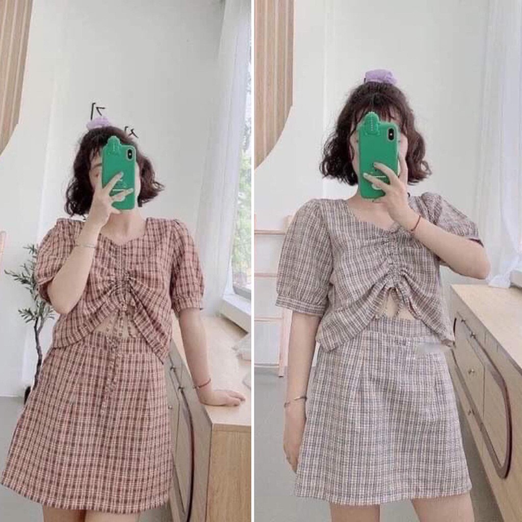 Set váy kẻ caro 2 màu freesize giá siêu rẻ - Set áo croptop rút ngực mix chân váy chữ A dáng ngắn SS36 | BigBuy360 - bigbuy360.vn
