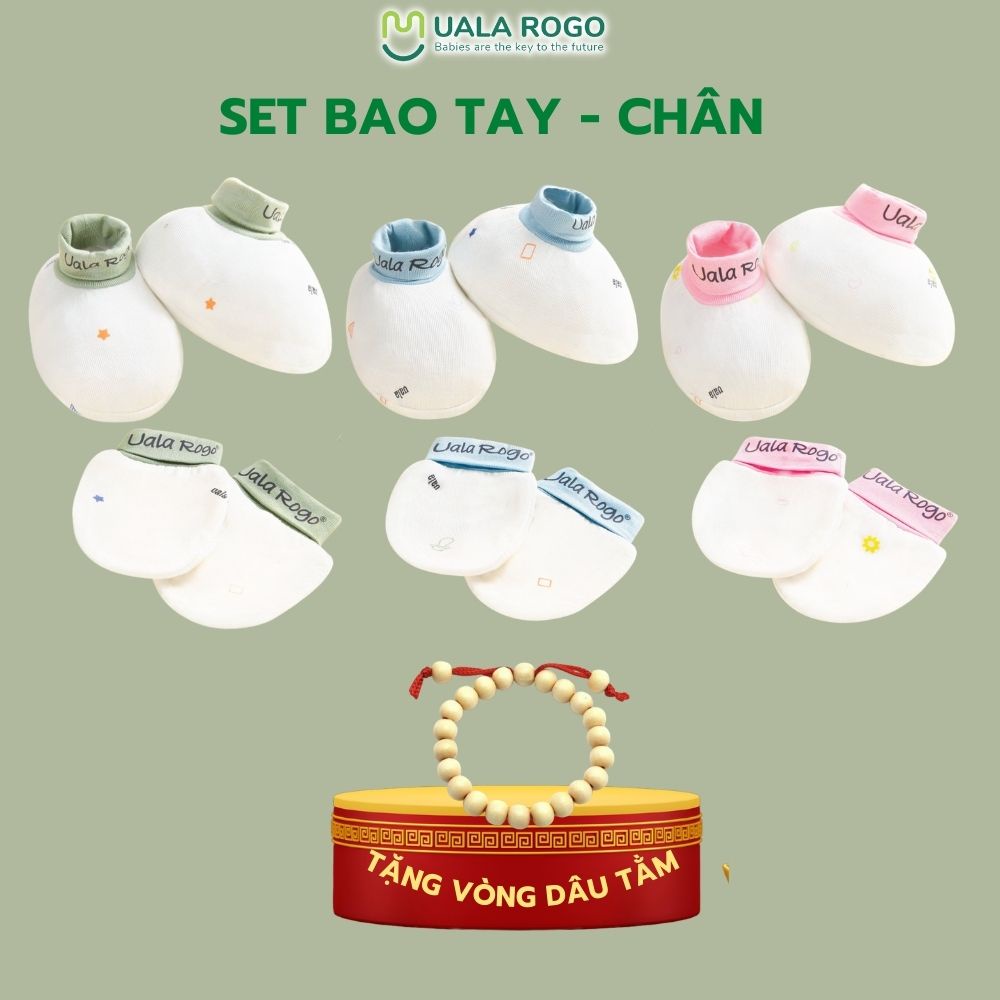 Set bao tay bao chân Ualarogo sơ sinh vải sợi tre Bamboo mềm mịn co giãn khử khuẩn trắng viền xanh hồng giữ ấm 2443