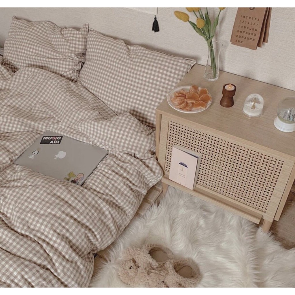 Decor phòng ngủ vintage Combo chăn ga gối Cotton kẻ caro be nâu nhạt trang trí giường tầng Chato Bedding