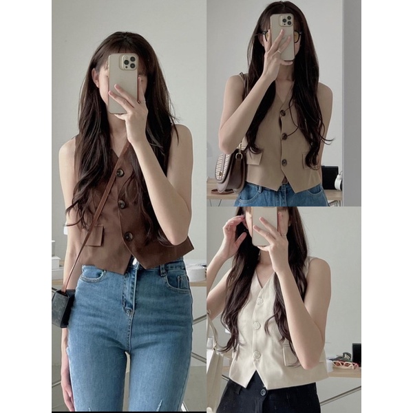 Áo Vest gile hàng vải chéo hàn bảng màu basic Hàn Quốc