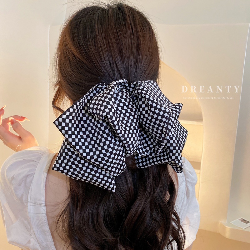 Kẹp Tóc Nơ Họa Tiết Caro Trắng Đen Đơn Giản Thời Trang Hàn Quốc