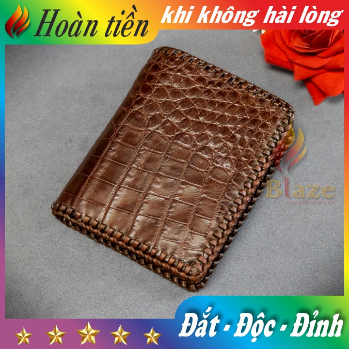 Bóp Da Cá Sấu 2 Mặt Đan Viền Da Bụng - Ví Da Cá Sấu Đan Viền Cao Cấp BLAZE | Đứng | Đen