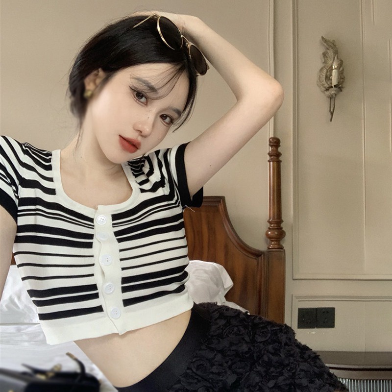 Áo Croptop Dệt Kim Tay Ngắn Cổ Vuông Họa Tiết Kẻ Sọc Phong Cách Hàn Quốc Thời Trang Mùa Hè Quyến Rũ Cho Nữ