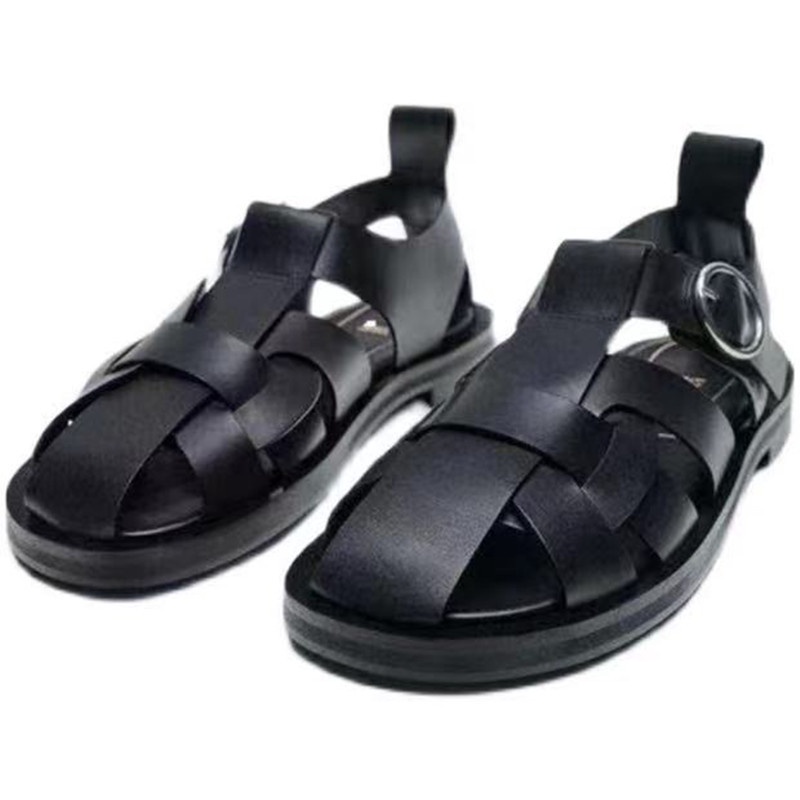 2022ZARA trendy new light beige round head leather flat sandals for women