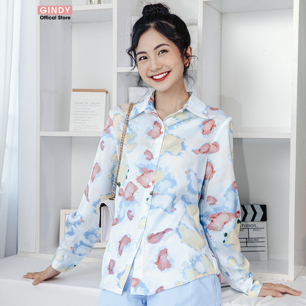Áo sơ mi nữ Hàn Quốc GINDY vải lụa cổ bẻ tay dài dáng suông thời trang thu đông 2023 công sở, học sinh A4113