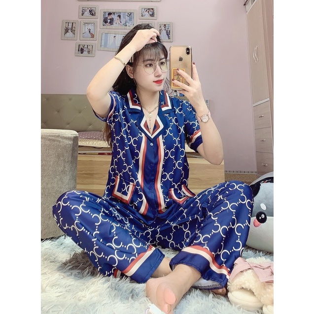 Bộ pijama lụa latin tay ngắn 𝘾𝘼𝙊 𝘾𝘼̂́𝙋 - Bộ đồ ngủ GC Xanh [ SIÊU HOT ] thoáng mát, sang chảnh.