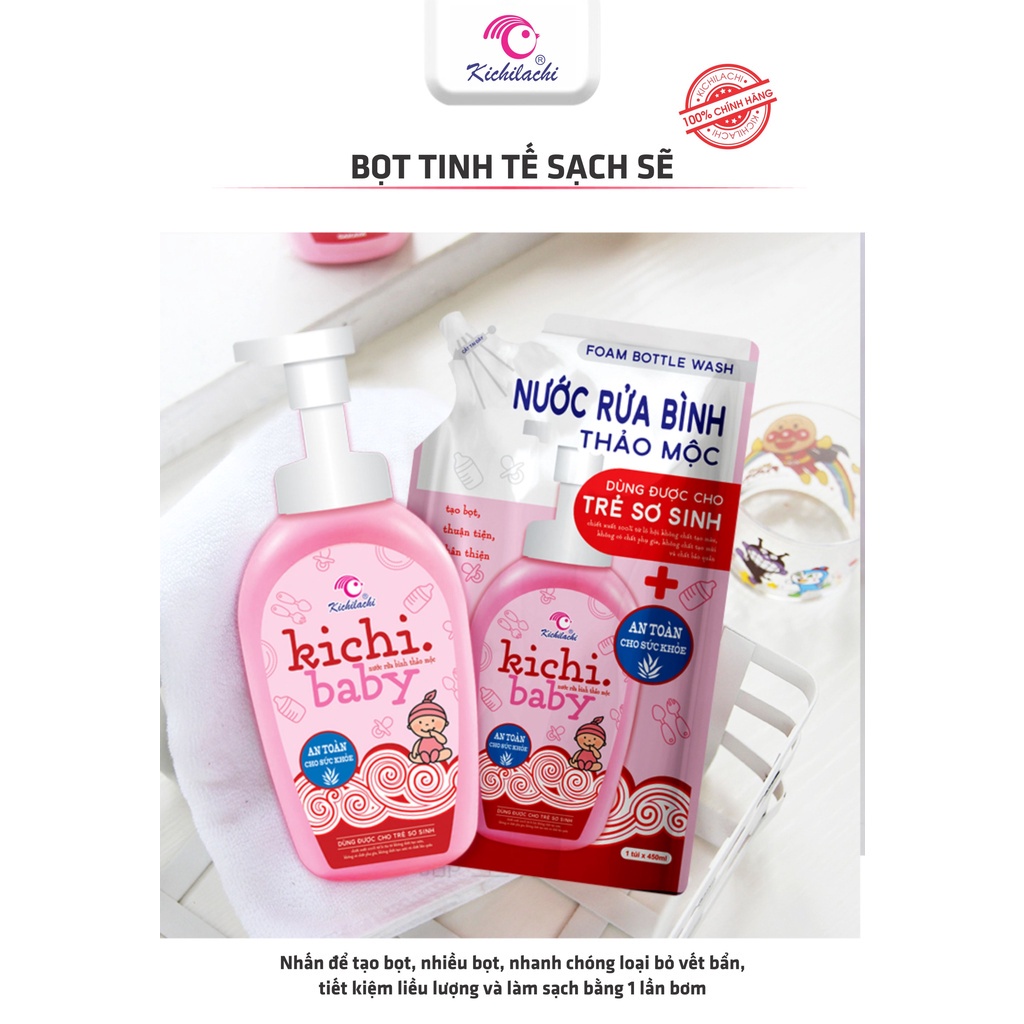 Nước rửa bình thảo mộc KICHILACHI, rửa bình và dụng cụ ăn dặm cho bé an toàn, không độc hại, hàng chuẩn công ty