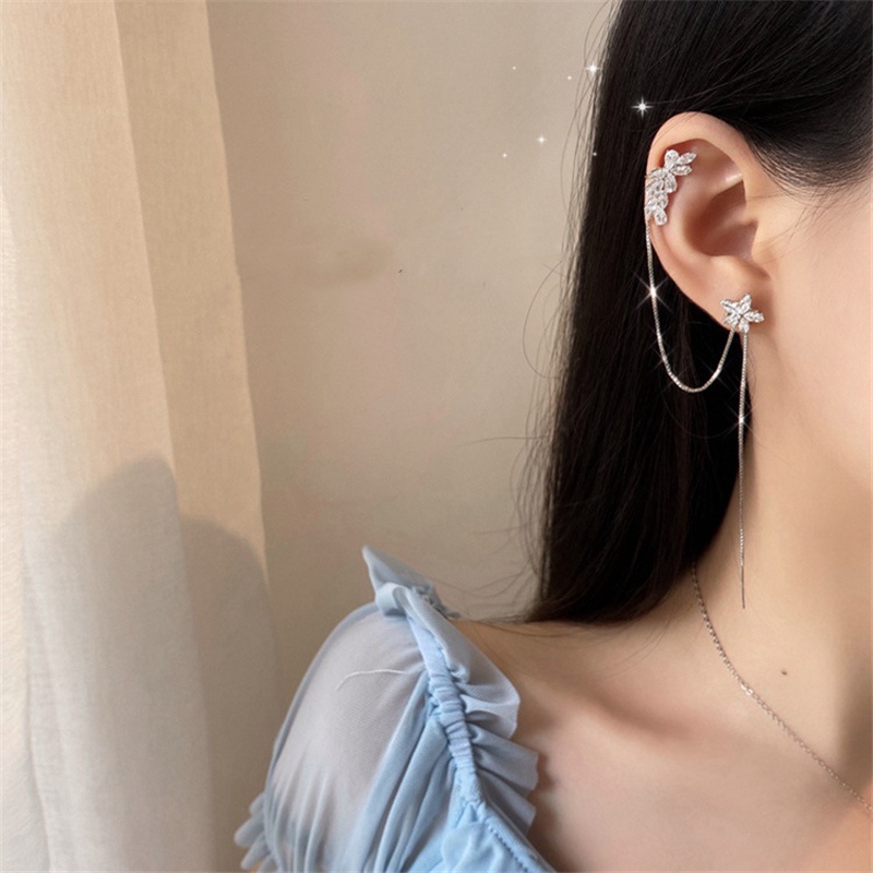 Bộ Khuyên Tai Và Kẹp Vành Tai Tua Rua Hình Bướm Phong Cách Hàn Quốc