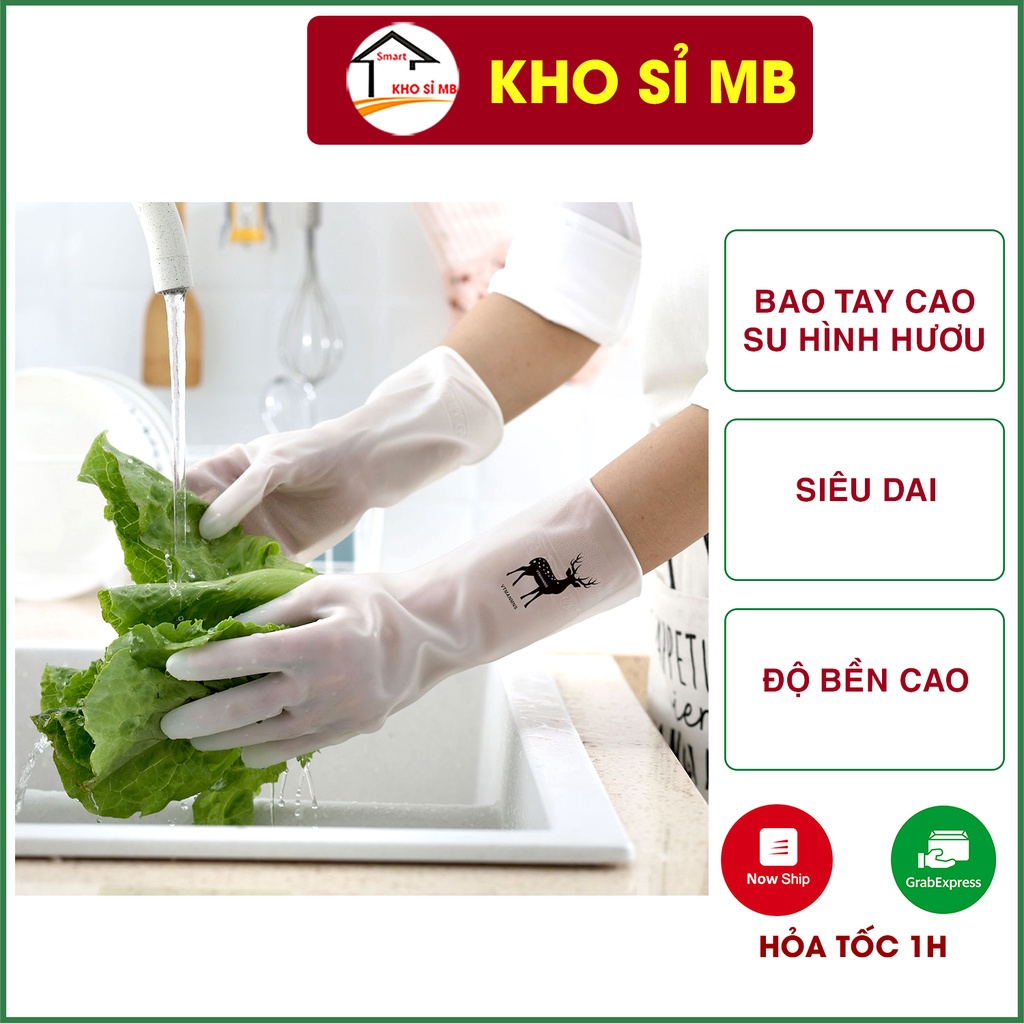 Bao tay cao su rửa chén hình hươu siêu dai, găng tay rửa bát đa năng chất liệu cao su loại ngắn kho sỉ mb