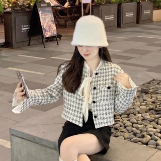 Set dạ tweed ba món áo sơ mi nơ - áo khoác dạ kẻ - chân váy đen phong cách Hàn Quốc - SETDA02
