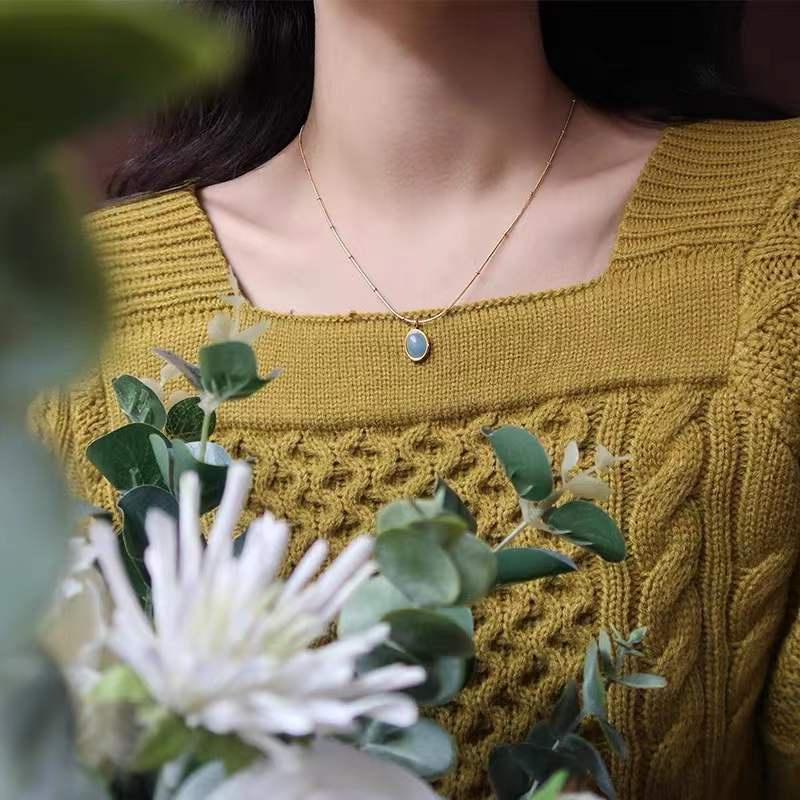 Dây chuyền thép titan 18k không phai màu mặt đá aquamarine tự nhiên cao cấp phong cách Nhật Hàn sang trọng dành cho nữ